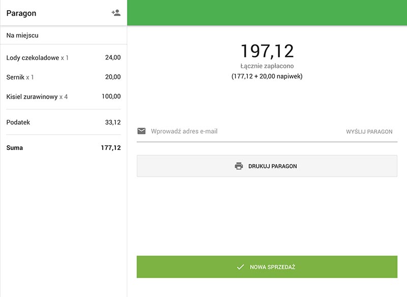 całkowitą kwotę zapłaconą wraz z paragonem i wartością napiwku w nawiasach pod nim