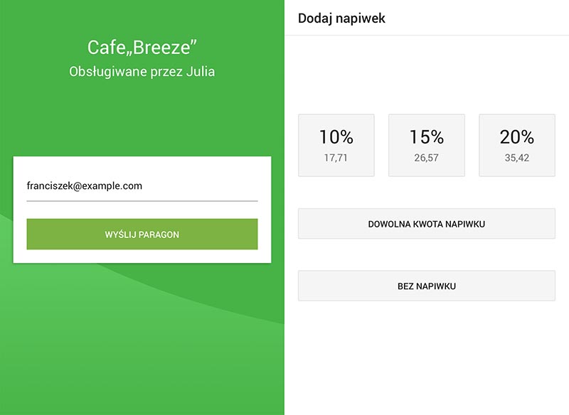 Napiwki na wyświetlaczu klienta
