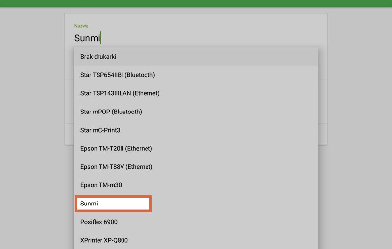 Wpisz tytuł swojej drukarki w polu „Nazwa” i wybierz Sunmi z rozwijanego menu modeli drukarek