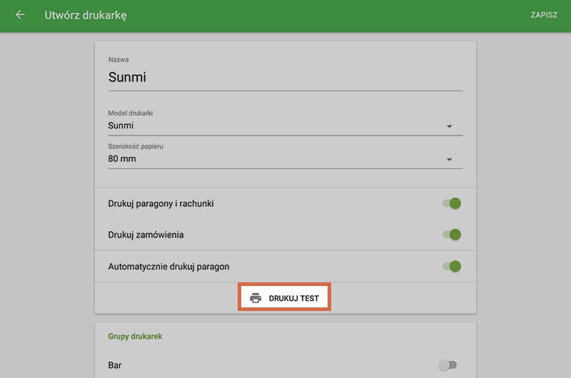 przycisk Drukuj test