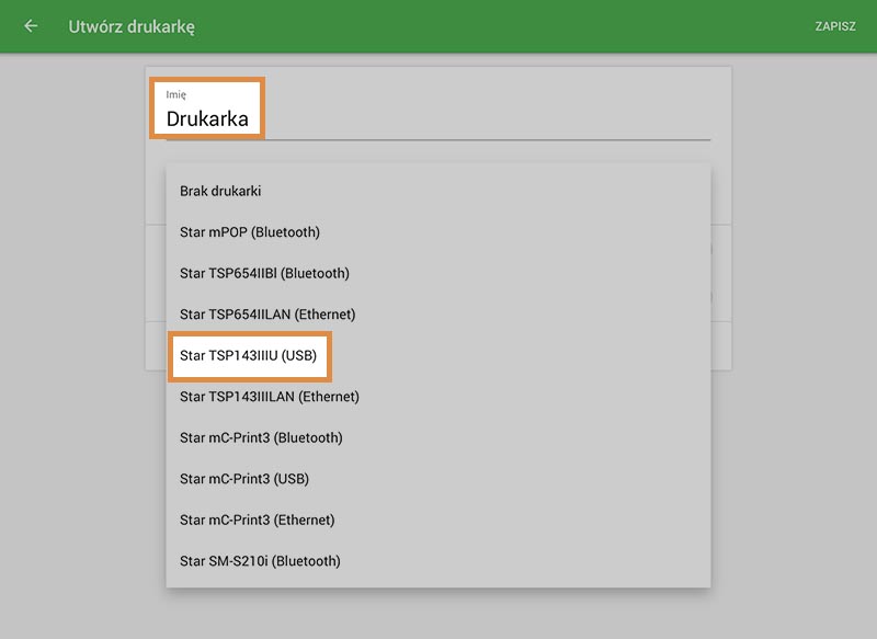 Nazwij drukarkę w polu Nazwa i wybierz model drukarki USB z listy Model drukarki