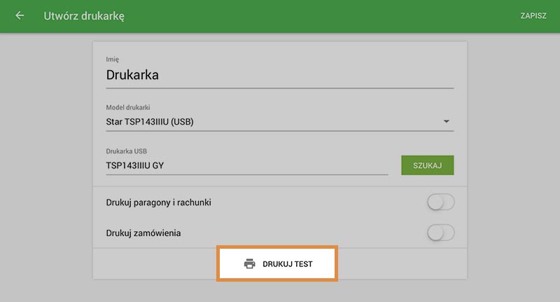 przycisk Drukuj test