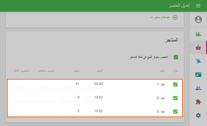 معلمات العنصر لكل متجر