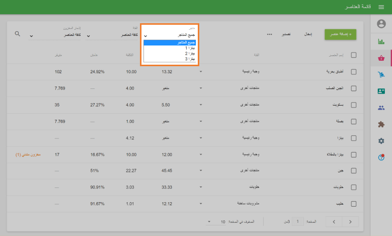 قائمة العناصر للمخزن المحدد
