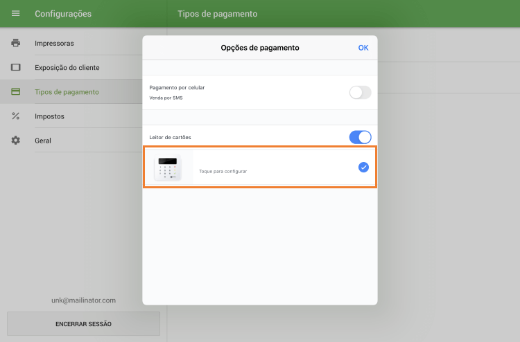toque no botão para configurar