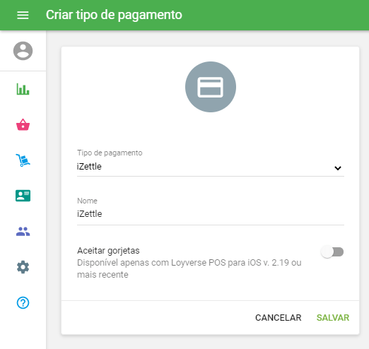 selecione o tipo de pagamento 'iZettle'
