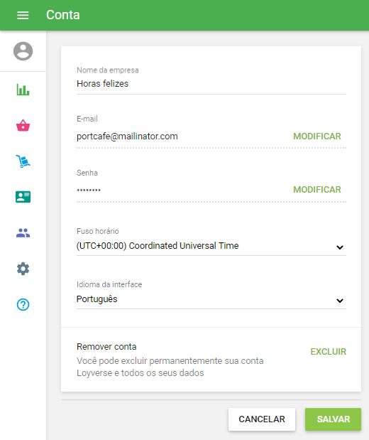 Configurações da conta