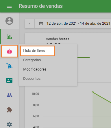 menu 'Lista de itens'