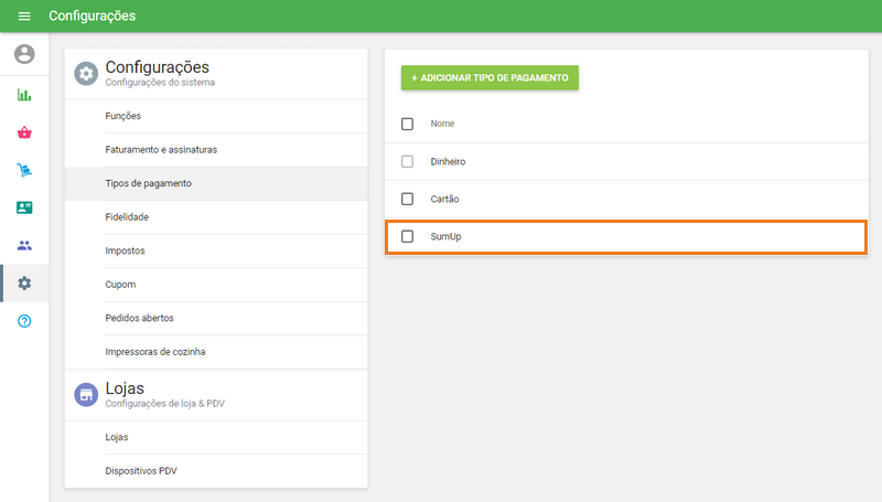 Menu Types Tipos de pagamento 'em Back Office