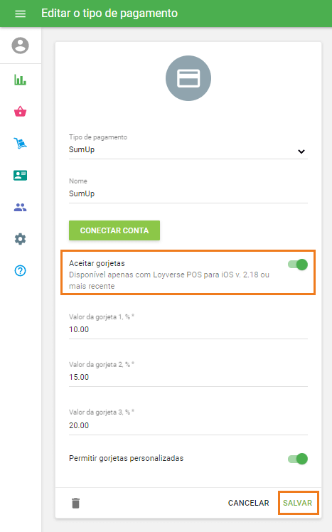 Opção 'Permitir valores de gorjetas personalizadas'