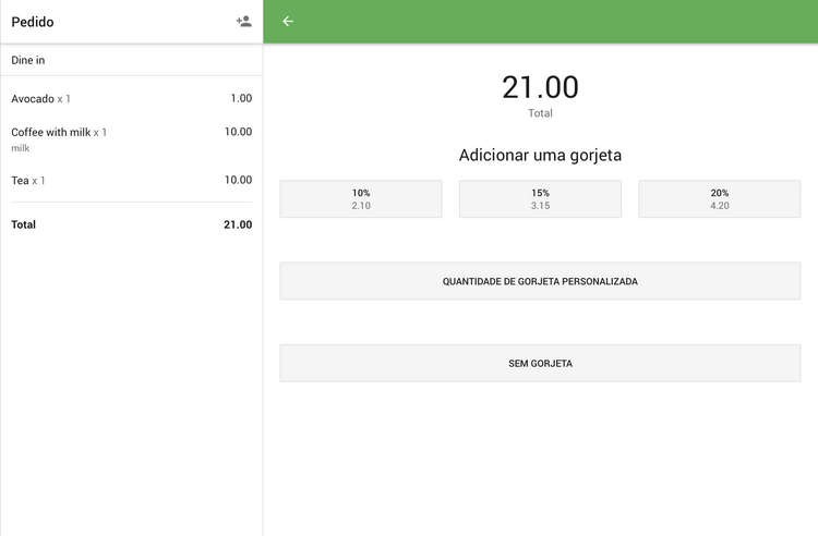 Selecione o valor da gorjeta