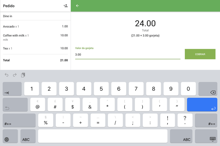 Valor da gorjeta personalizada no PDV