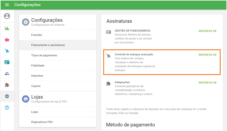 seção 'Controle de estoque avançado'