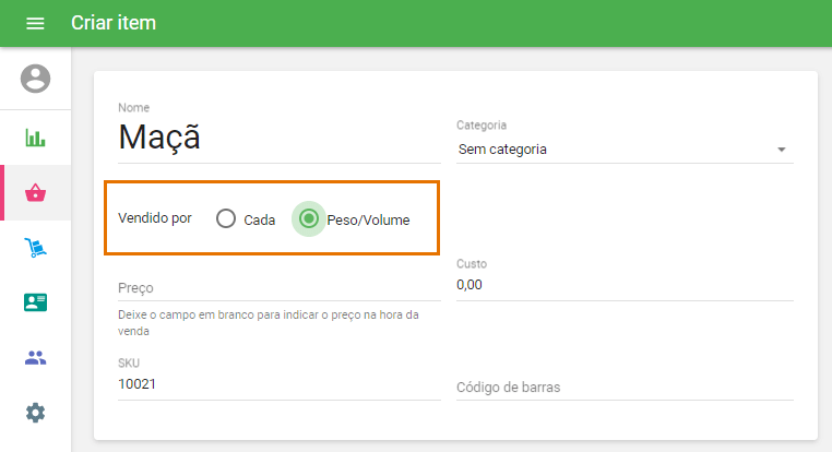 Opção 'vendido por peso'