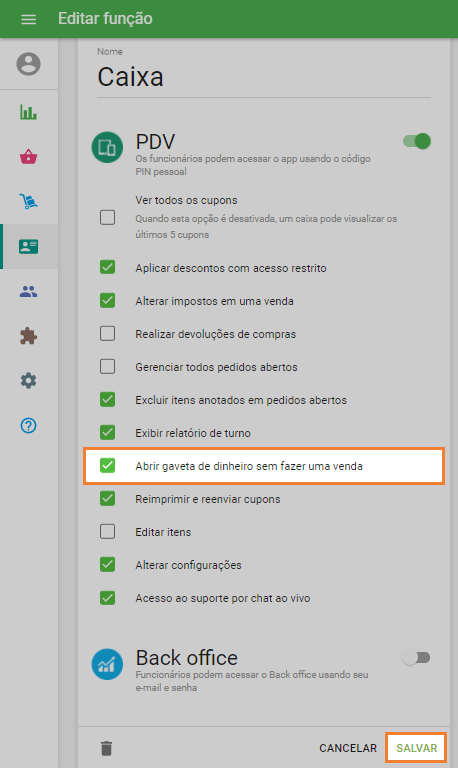 'Abrir gaveta do caixa sem fazer uma venda'