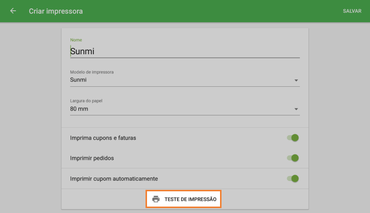 botão 'Teste de impressão'