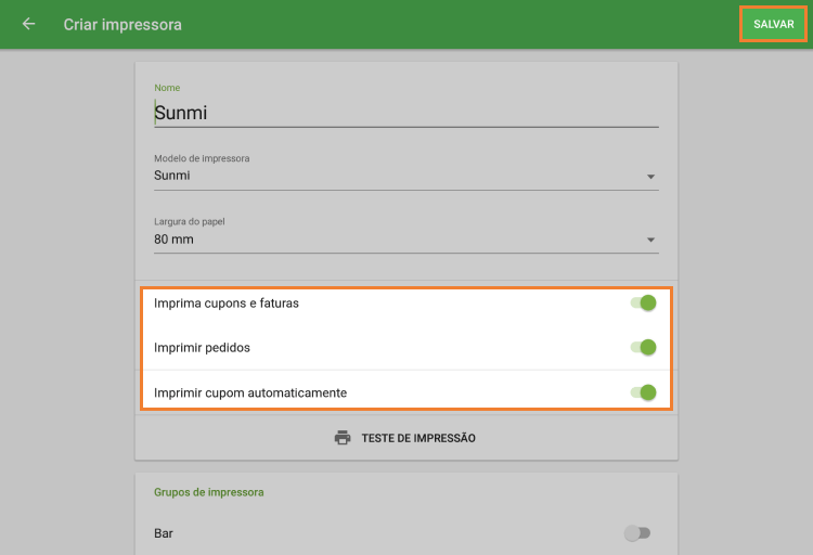 configurações da impressora
