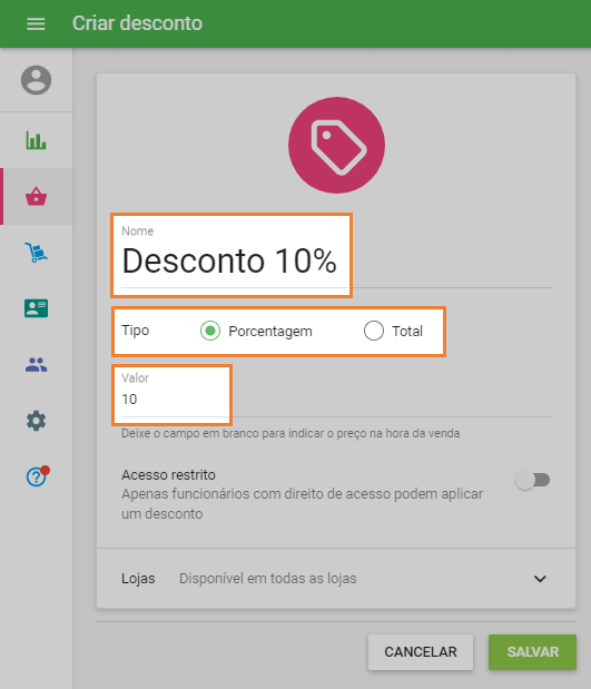 Nome, tipo de desconto, valor