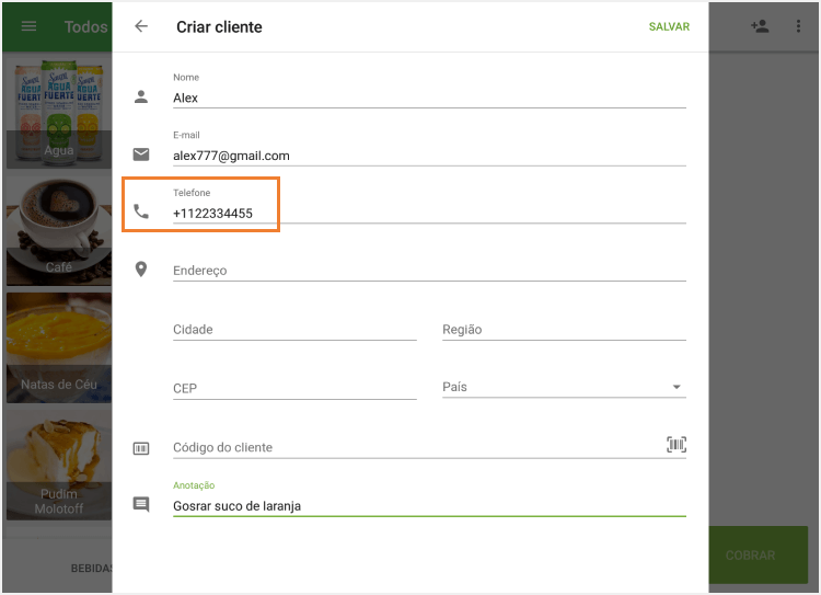 campos 'Número de telefone'