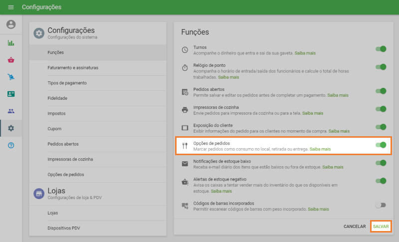 'Opções de pedidos'
