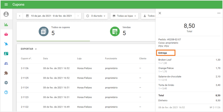 opção de refeição nas informações dos recibos na Back Office