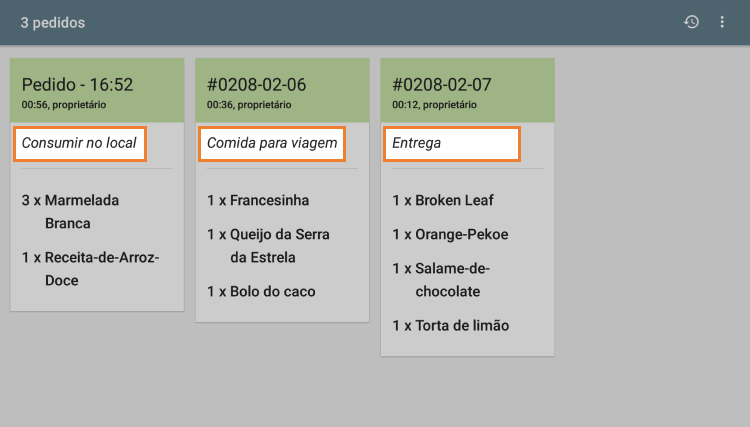 informações das refeições no KDS