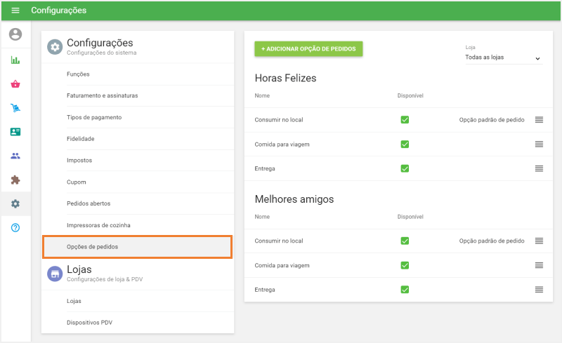 seção 'Opção de refeição'