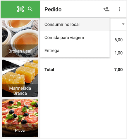 menu suspenso com todas as opções de refeições