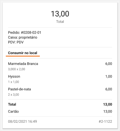 opções de refeições no recibo impresso