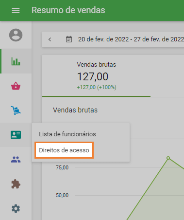 menu de 'Direitos de acesso'
