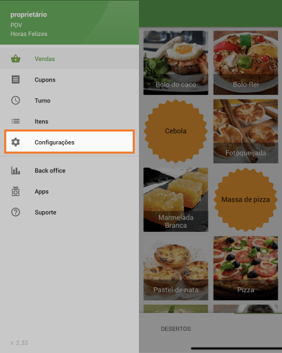 menu 'Configurações'