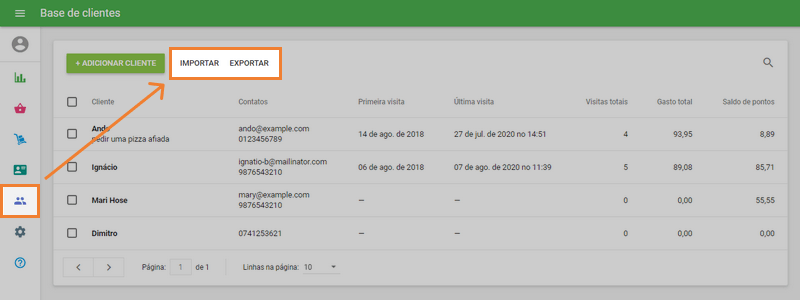 Botões 'Importar' e 'Exportar'