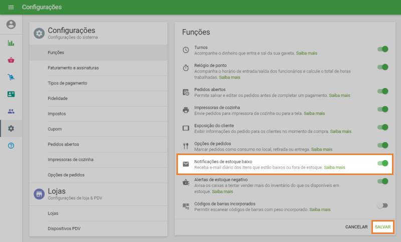 opção 'Notificações de estoque baixo'