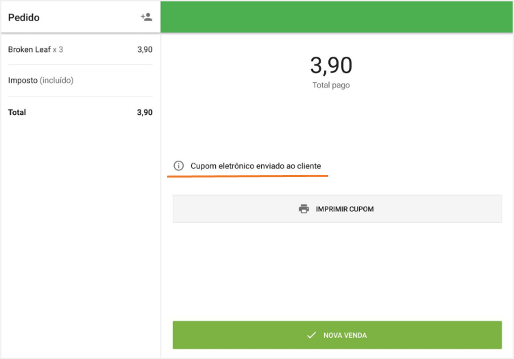 cupom enviado ao cliente