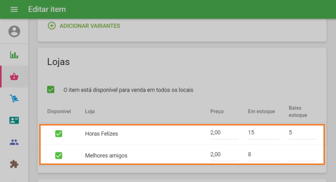 parâmetros do item para cada loja