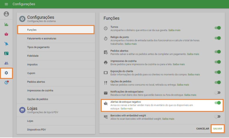 'Alertas de estoque negativos'