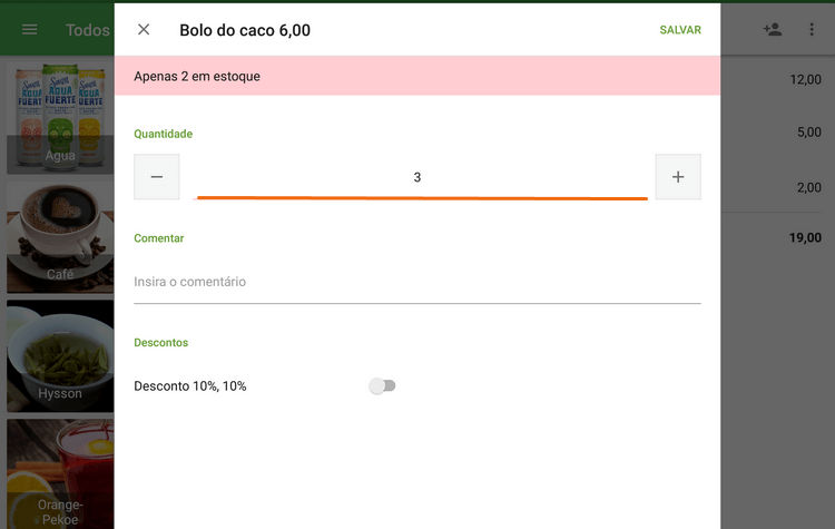 Aviso durante a adição do item