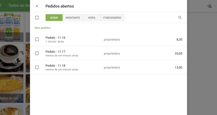 Lista de pedidos abertos