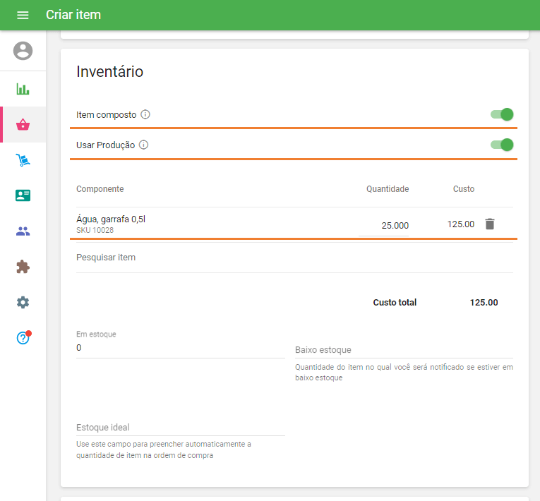 Configurações de inventário