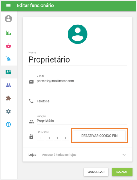 botão 'Desativar código PIN'