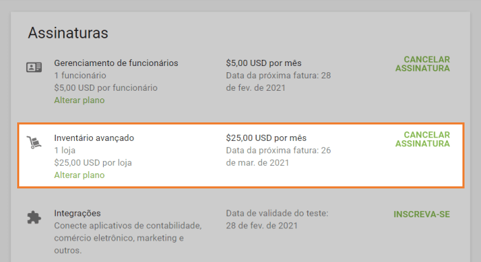 informações sobre sua assinatura ativa do inventário avançado