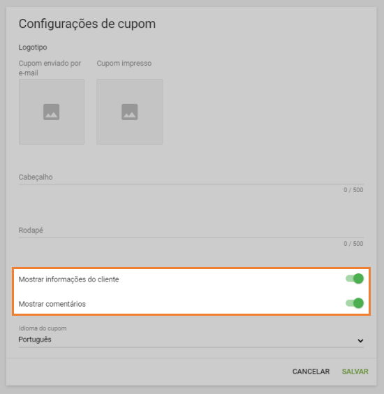 Configurações do recibo