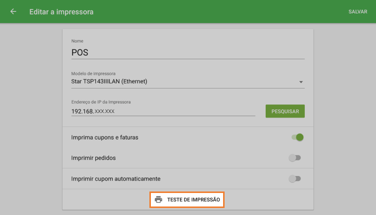 Botão 'Teste de impressão'
