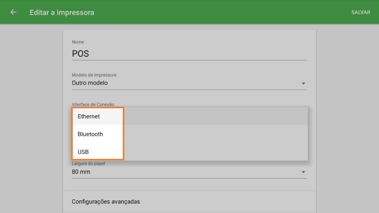 Interface da impressora