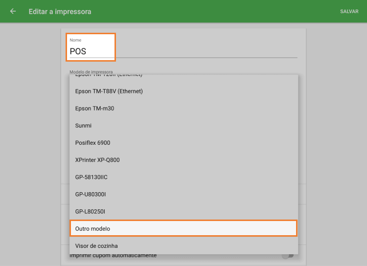 Nome e Modelo de impressora