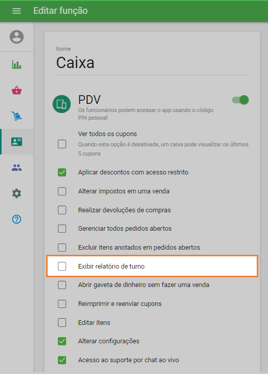 opção 'Exibir relatório de turno'