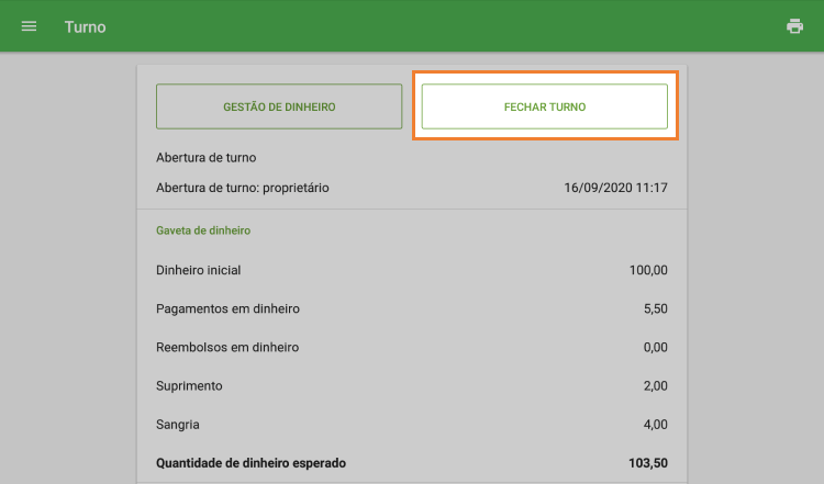 botão 'Fechar turno'