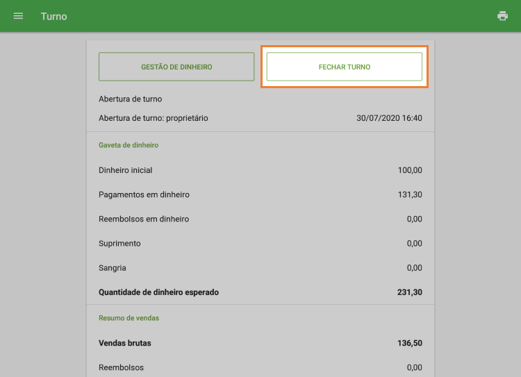 Botão 'Fechar turno'