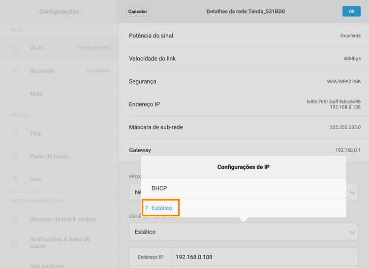 Configurações WiFi Tablet Android