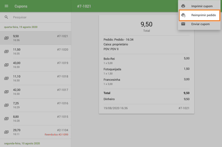 Reimprimir os pedidos de cozinha